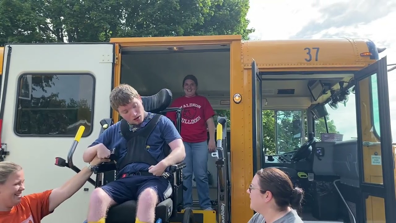 Sam getting off the school bus lift & home from school 8.28.24 @onthatnote