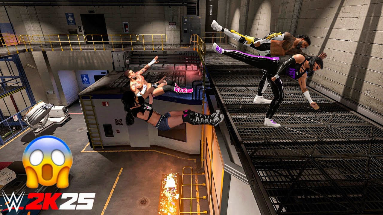 WWE 2K25 - Jey Uso and Rhea Ripley destroys AJ Lee and CM Punk at Backstage Brawl | Gameplay