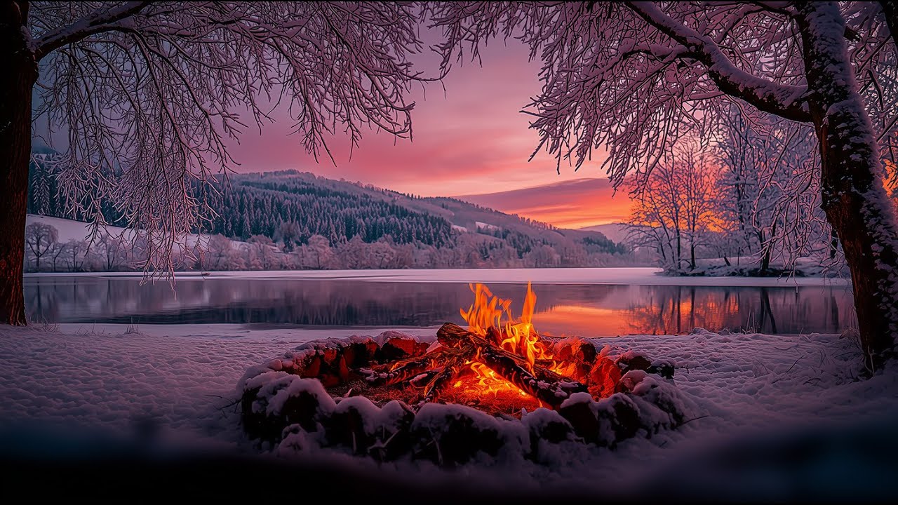 Calm Winter Campfire Scene ❄️🔥 Lakeside Fire for Relaxation and Rest