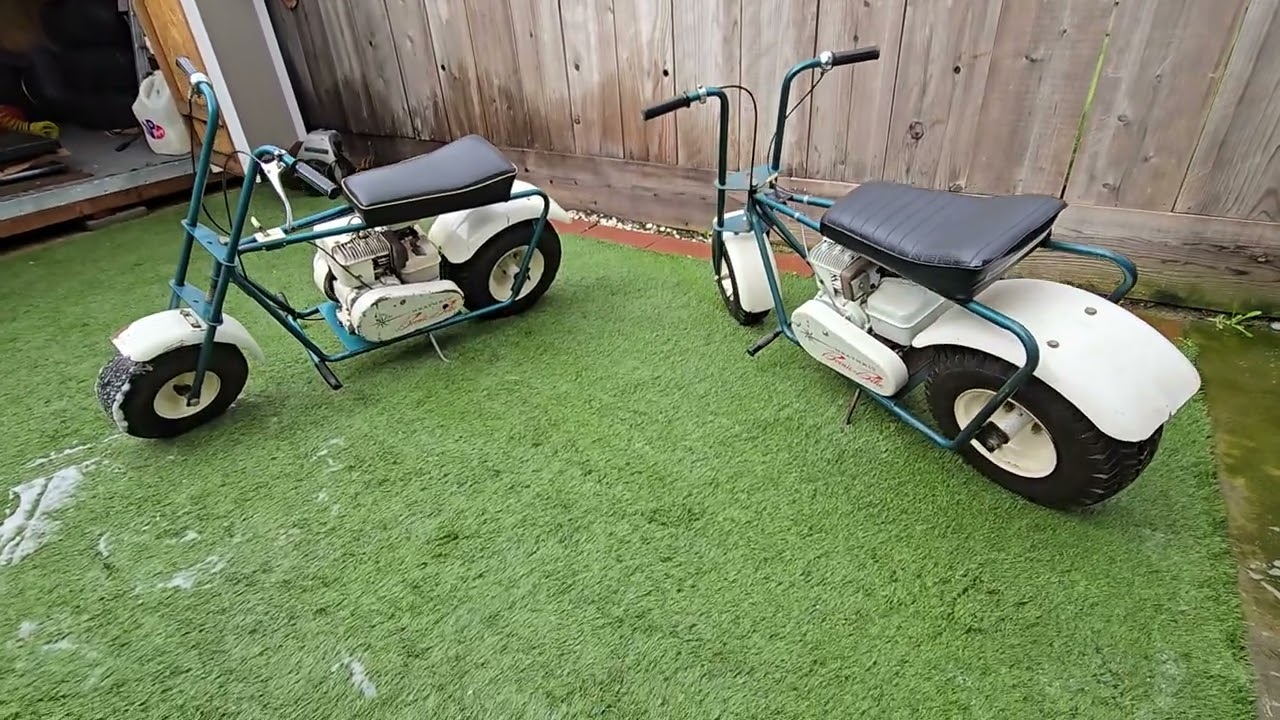 John's Mini Bike Garage 2 Vintage Heathkit Boonie Bikes at idle . 5 hp Briggs and Stratton engines.