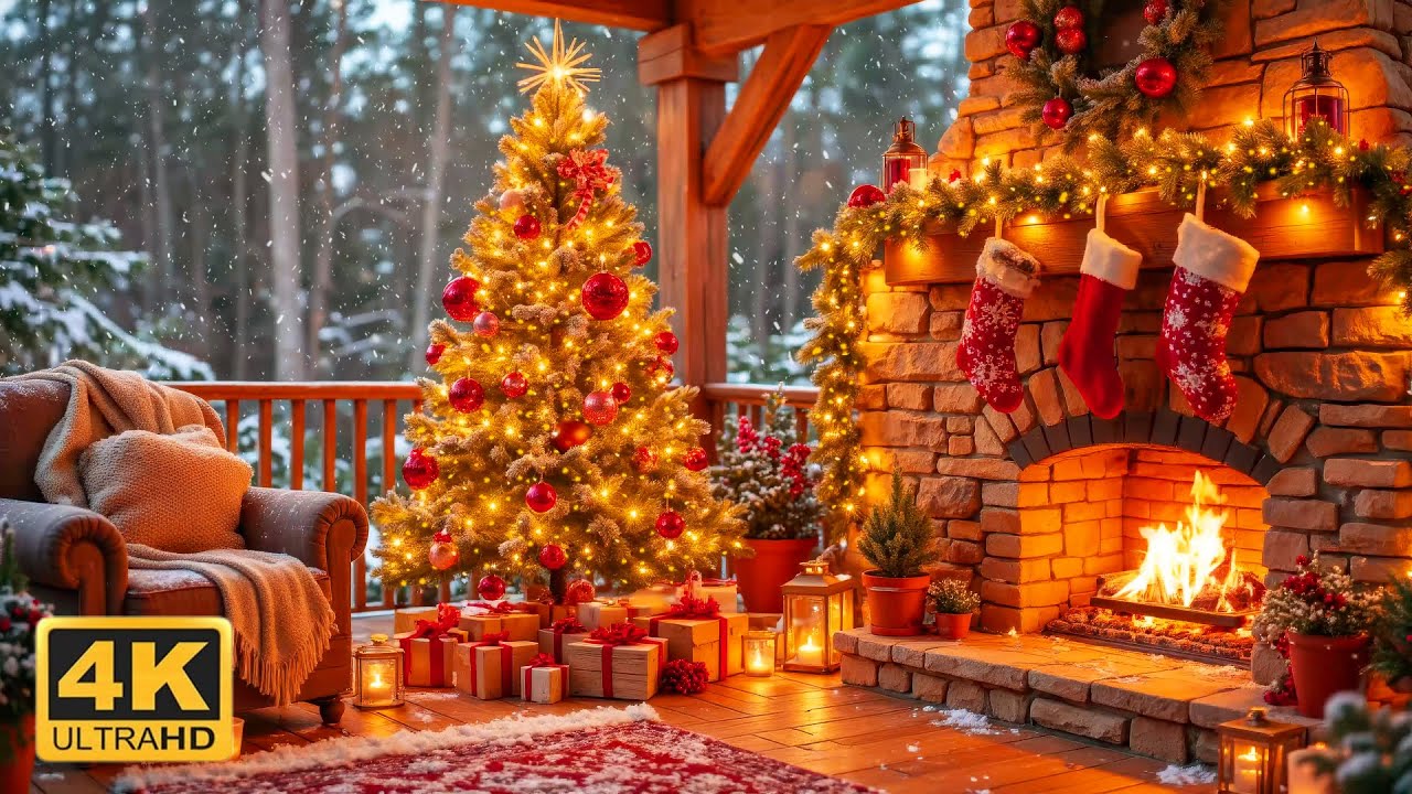 Warm Christmas Porch Atmosphere 🔥🎄 Relaxing Instrumental Music with Fireplace & Falling Snow