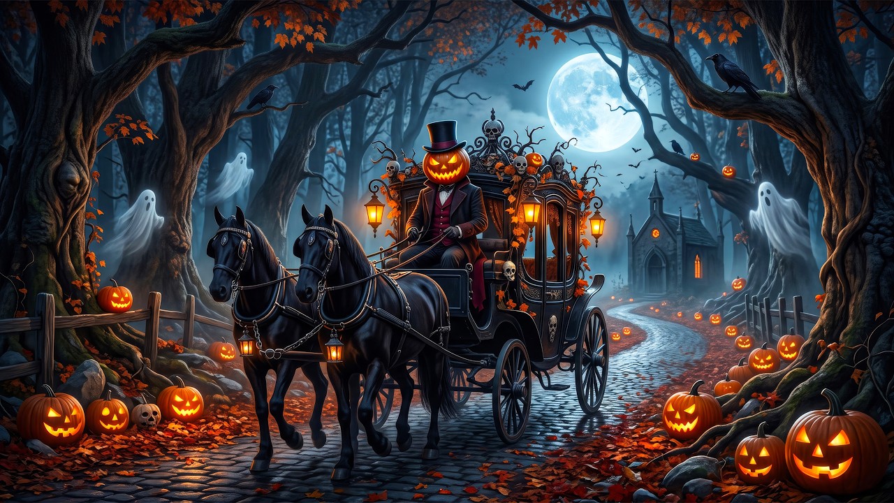 Relaxing Halloween Ambience 🎃 Autumn Night in a Spooky Village 👻 Haunted Sounds & Halloween Music