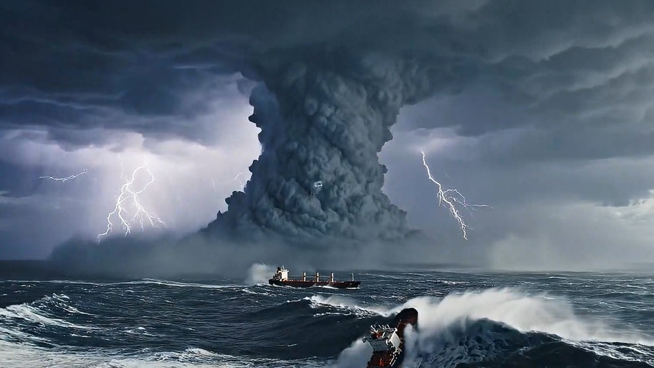 Giant ships face the whirlwind of a tsunami at sea (AI visual effect)
