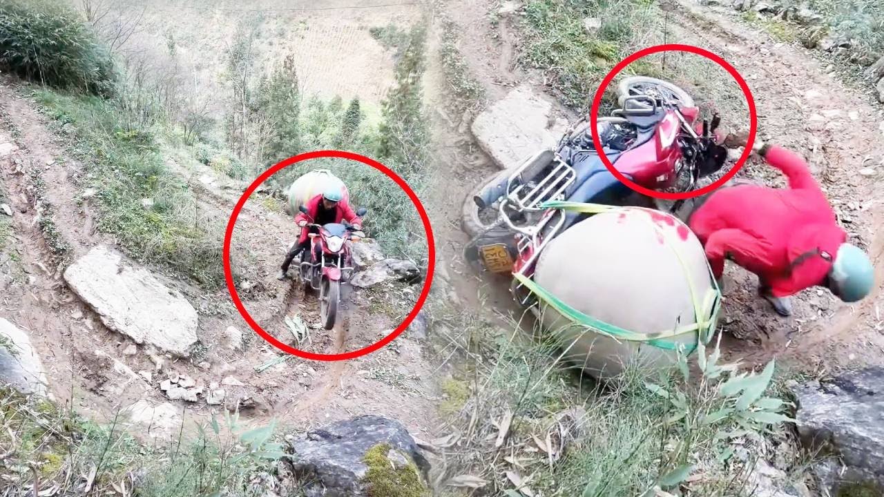 Motorcyclist carrying an oversized tank overturned while navigating a treacherous mountain bend.