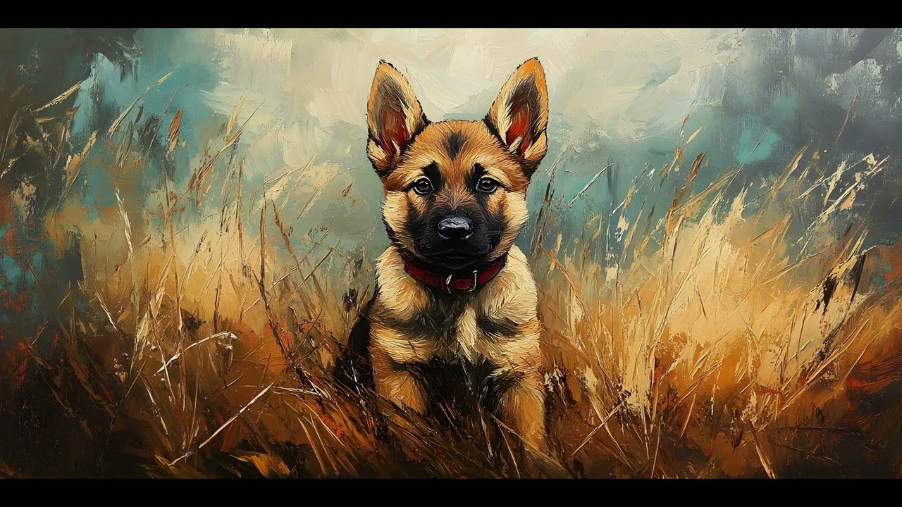 Puppy Portrait in Golden Field &ndash; Heartwarming Animal Painting