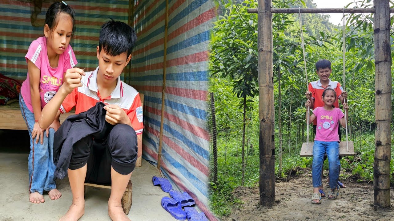 The orphan boy taught his sister how to sew clothes. He made a swing for his sister to play on.