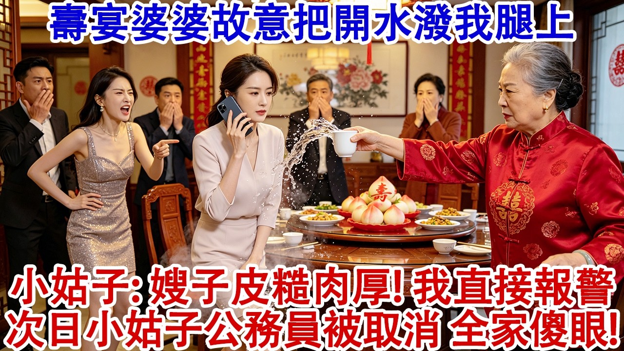 婆婆壽宴上故意把開水潑我腿上，小姑子：嫂子皮糙肉厚的，沒事兒！我忍痛直接報警，第二天小姑子的公務員被取消，全家傻眼！#婆媳 #家庭 #婚姻 #情感故事 #為人處世