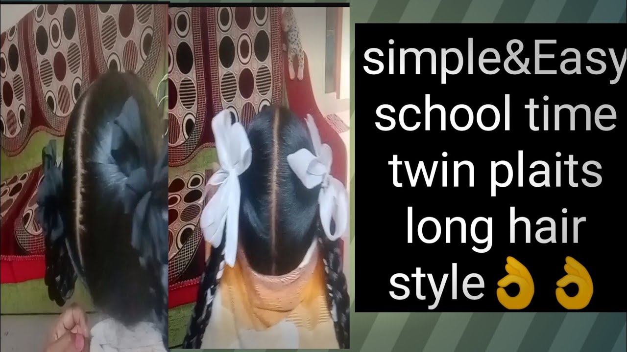 How to school time long hair double folded withtwin ribbon plaits hair style