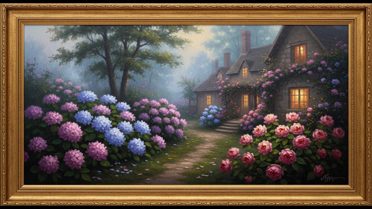 Twilight Cottage Garden | Samsung Frame TV Art | 4K Hydrangeas & Roses Night Landscape