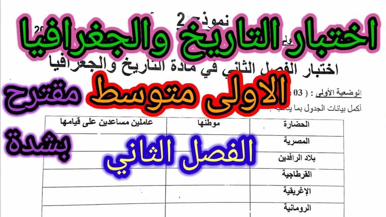 اختبار الفصل الثاني في مادة التاريخ والجغرافيا للسنة الاولى متوسط #اختبارات #فروض #فرض