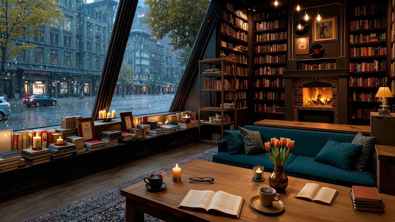 Cozy Rainy Jazz at a Bookstore Cafe Ambience ☕ Warm Jazz Piano &  Fireplace for Reading, Working