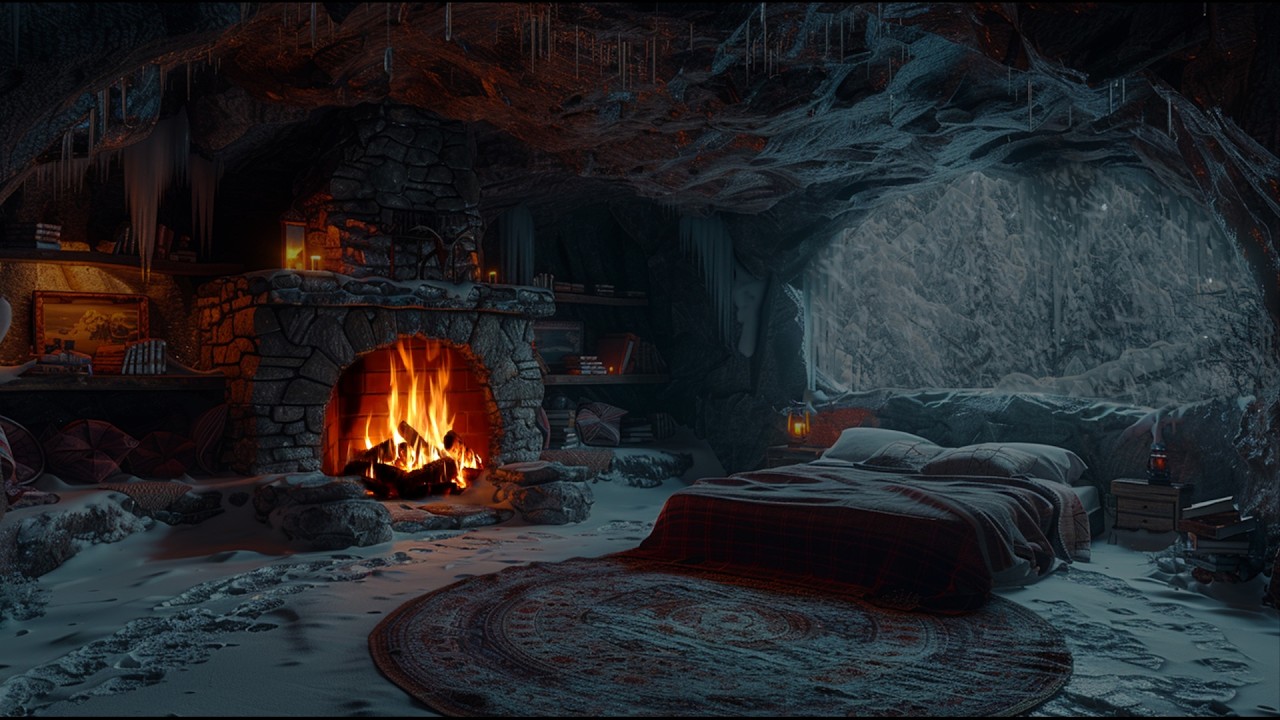 5 Minutes To FALL Into Sleep With Snowstorm Sounds & Cozy Cave Ambience | Relaxing Fireplace Sounds