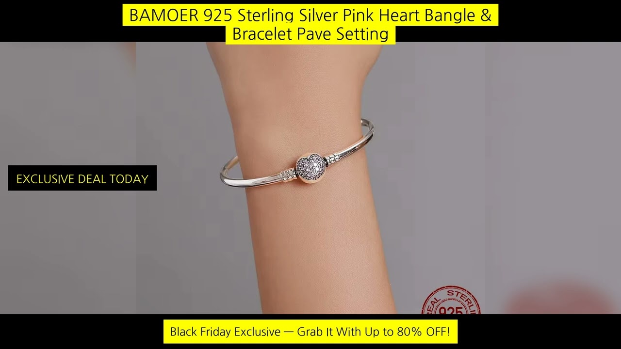 Bamoer 925 Sterling Silver Pink Heart Bangle & Bracelet Pave Setting Cz Snake