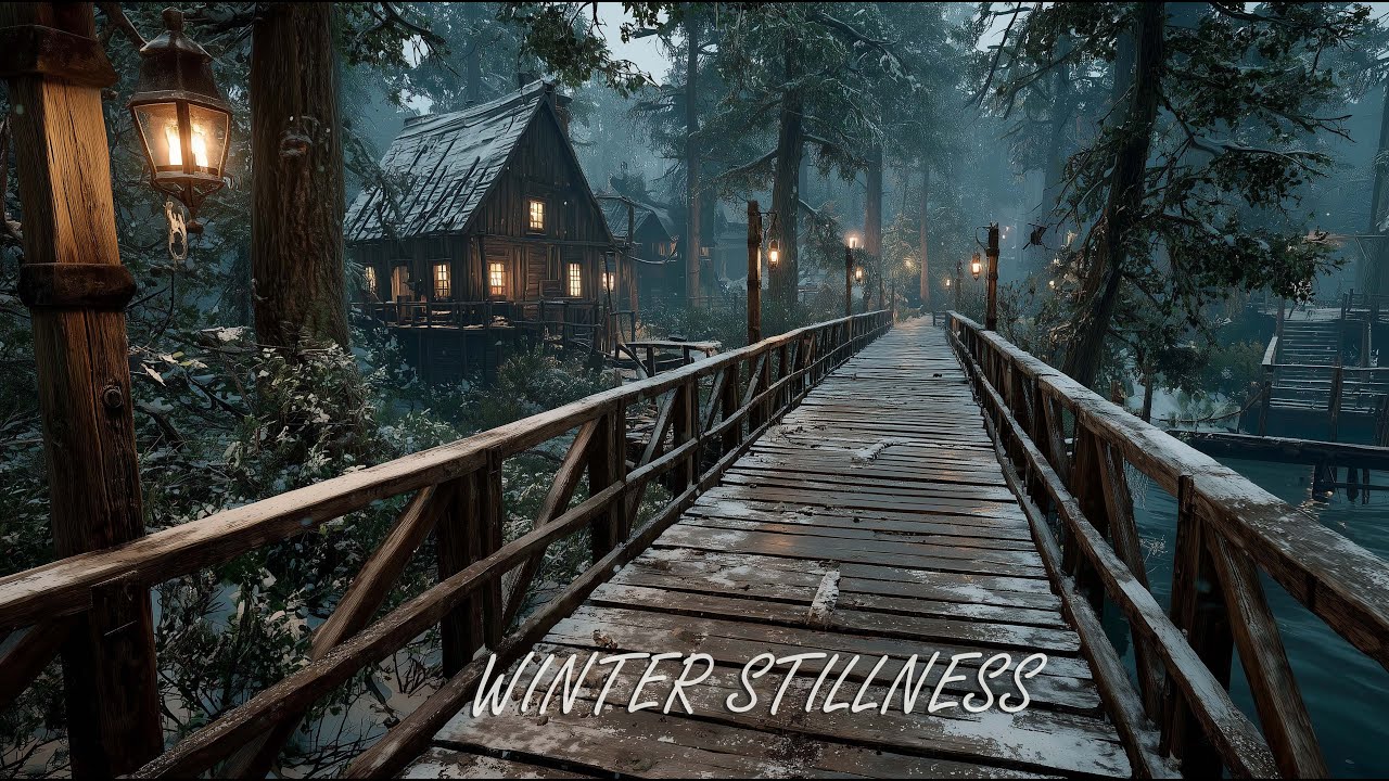 Silent Winter Bridge at Dusk | Snowfall & Lantern Light for Deep Calm