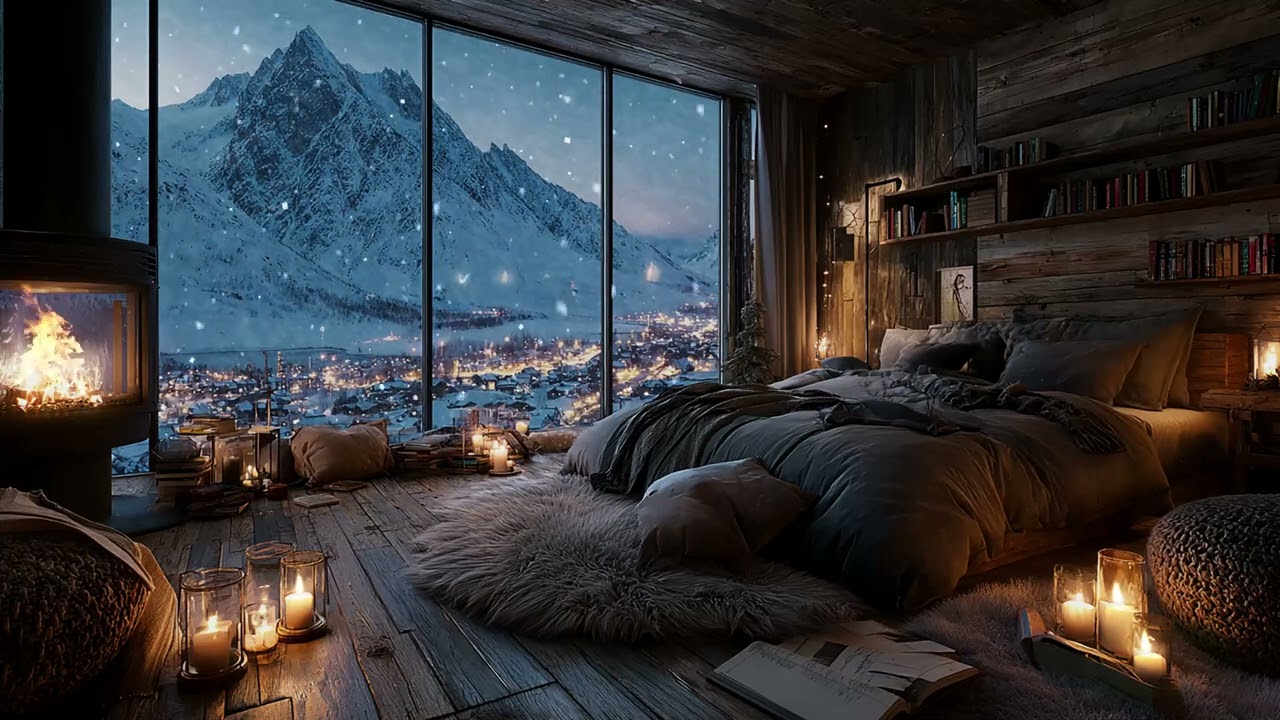 Deep Winter Lofi Ambience with Snowy Window, Soft Wind ASMR and Fireplace Glow for Relaxing Sleep