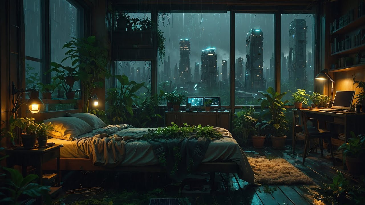 Heavy Rain  🌧️ | Solarpunk | Soothing Thunderstorm Ambience for Sleep, Study, and Relaxation 🌧️🌌