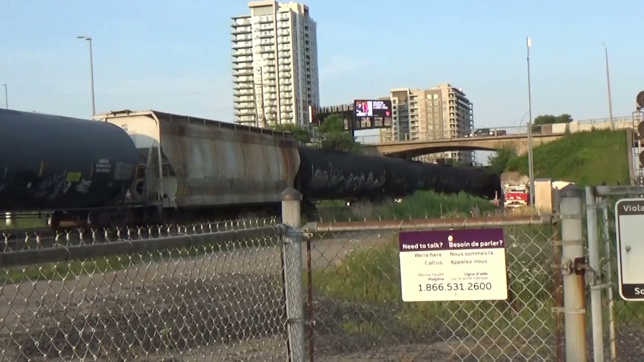 CN 372 with new 4941 engine meets 2 GO Transit trains at Pickering station.