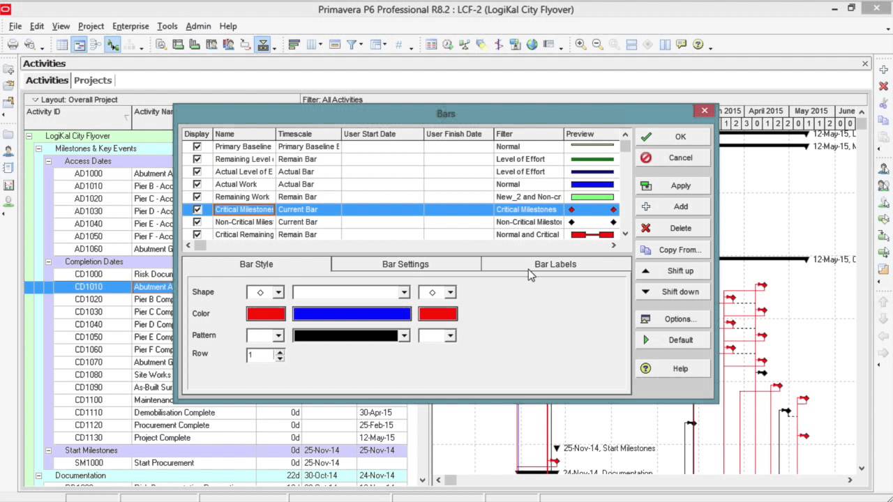 Modifying the Gantt Chart in P6 - Bar Labels