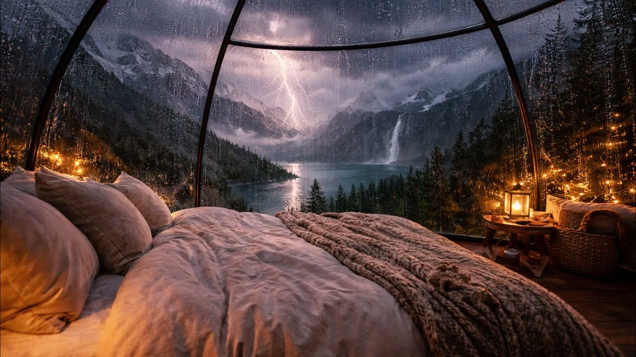 Fall Asleep in Stormy Glass Dome Bed🌩️ 8 Hours of Brown Noise & Rain Thunder | Ultimate sleep sound