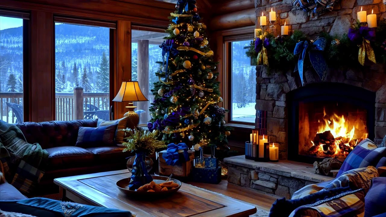 Cozy Romantic Christmas Cabin ✨ Blue Holiday Decor, Warm Fireplace & Snowy Forest Views (No Music)