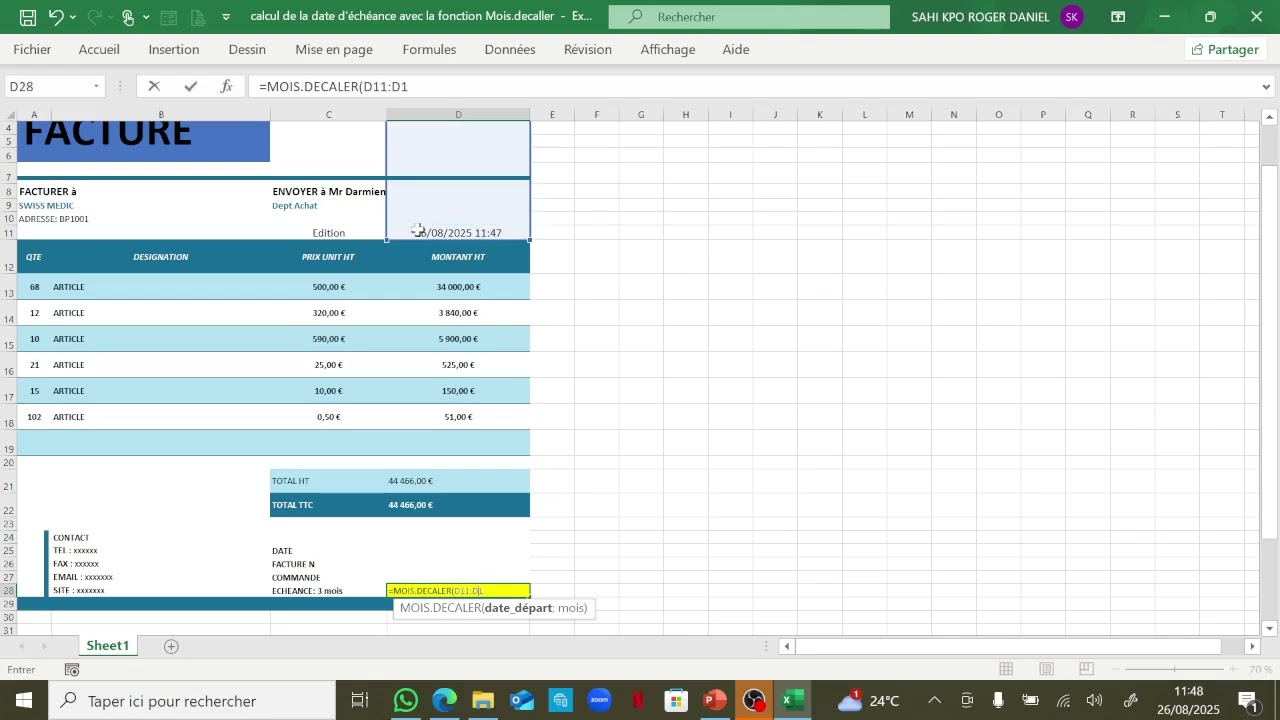 calcul de la date d'&eacute;ch&eacute;ance avec la fonction Excel Mois d&eacute;caler