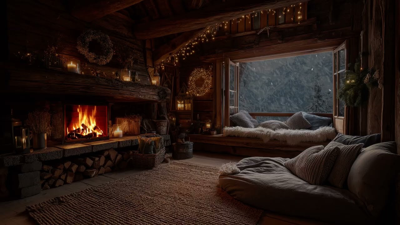 Snowy Cozy Cave Ambience ❄️ | Fireplace & Winter Ambience for Deep Sleep, Reading & Relaxation