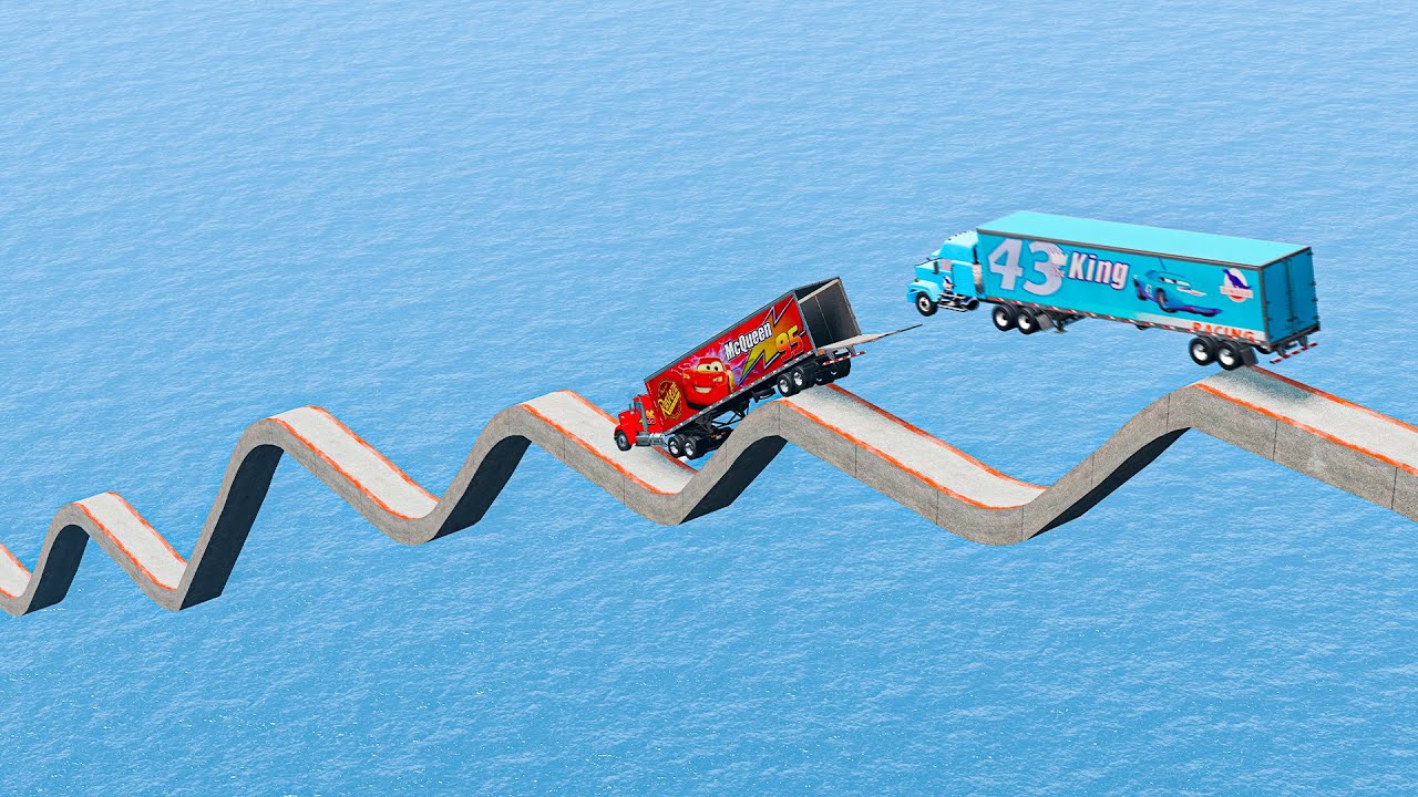 Грузовик Mack против грузовика King Dinoco против моста Impossible Wave против Deep Water — BeamN...