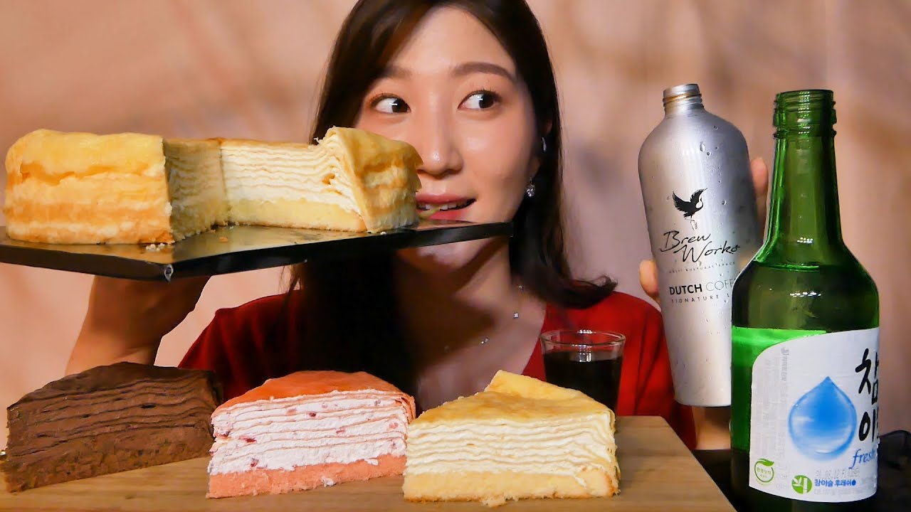 🍰3가지 크레이프 케이크 & 더치커피 소주☕🍾｜엄마에게 눈물의 영상 편지｜Mukbang Eating ASMR