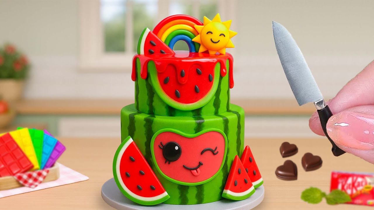 Decoración ASMR de Pastel de Sandía 🍉 Fondant Rosa y Verde Súper Tierno | Mini Cake Rainbow