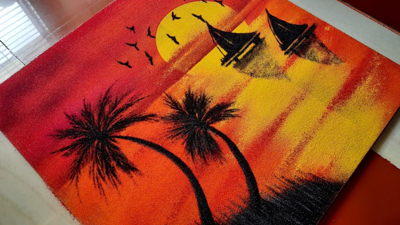 Poster Rangoli / Scenery Rangoli / Unique Nature Rangoli Designs Tutorial / दसरा नवरात्री रांगोळी