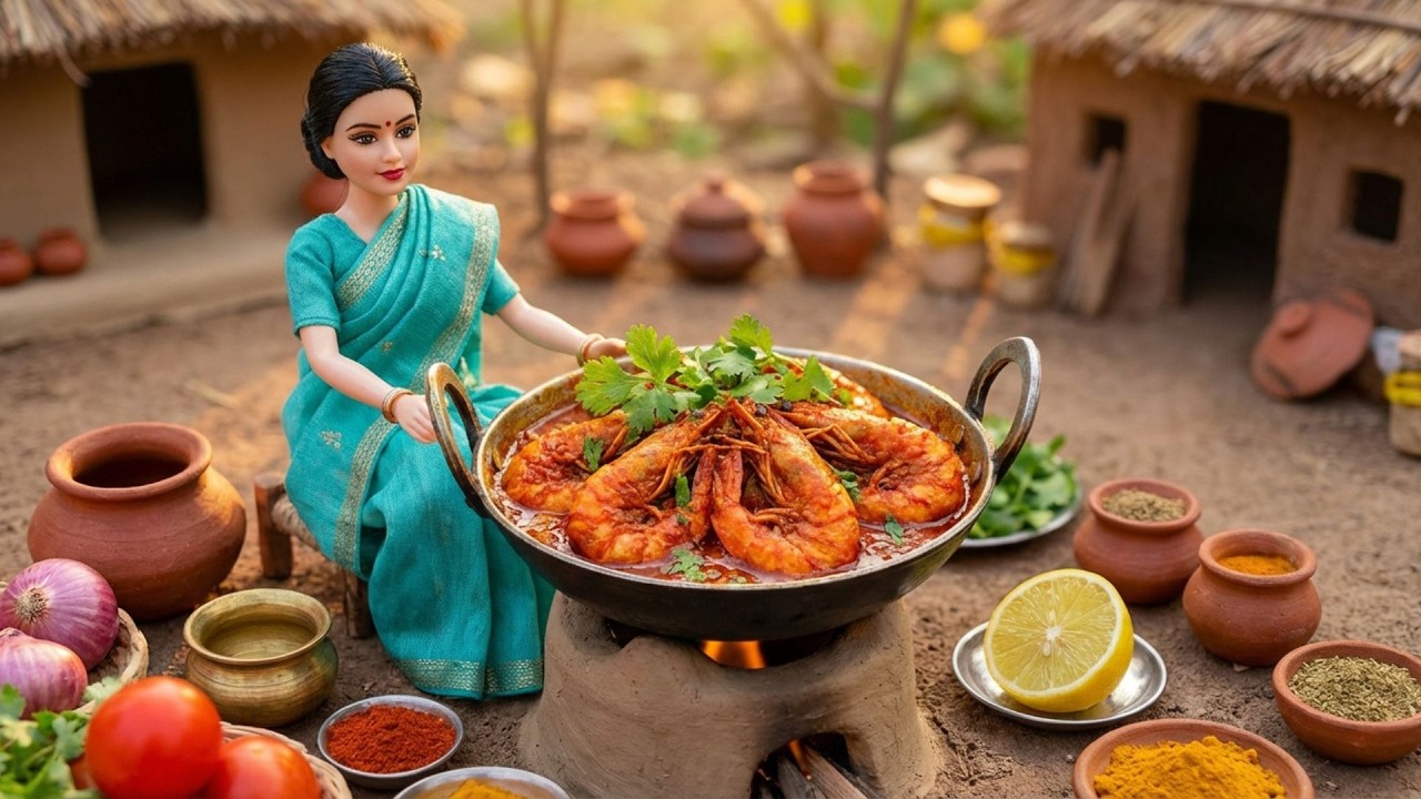 Miniature Doll Prawn Masala Curry ASMR 🍤 | Indian Village Tiny Kitchen Sea Food