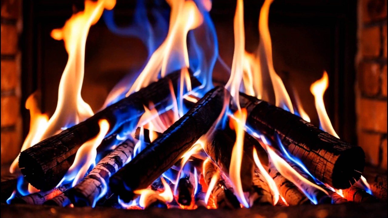 🔥 Cozy Color-changing Fireplace with Blue and Orange Flames Dancing Over Logs and Brick Wall