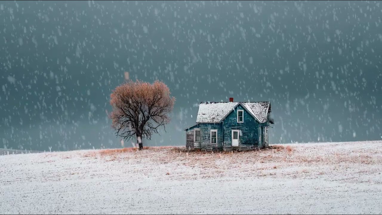 Gentle snowfall covering a quiet wooden barn in winter darkness | Calm ambience for relaxation