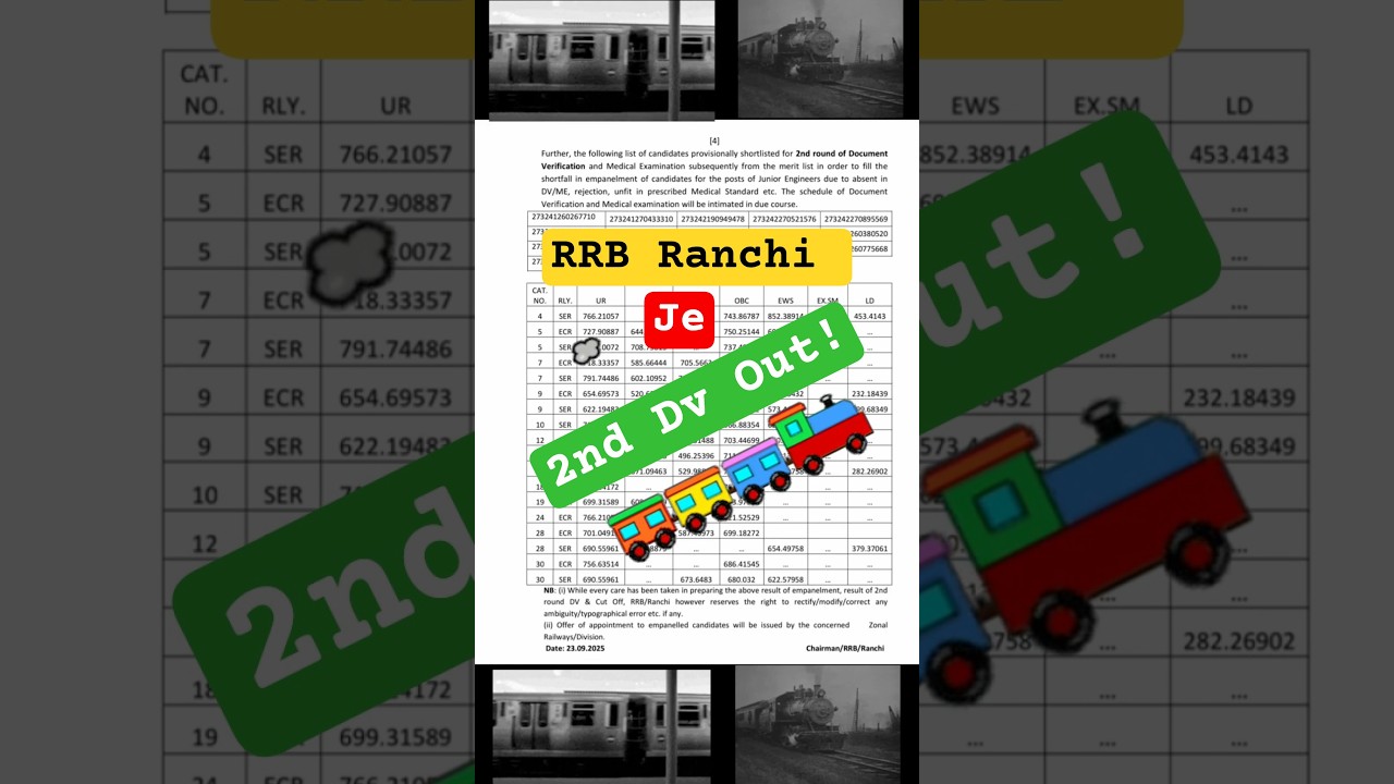 RRB Ranchi JE 2nd Round DV List & Cut Off Marks Released 🚂#rrb #rrbje #rrbranchi