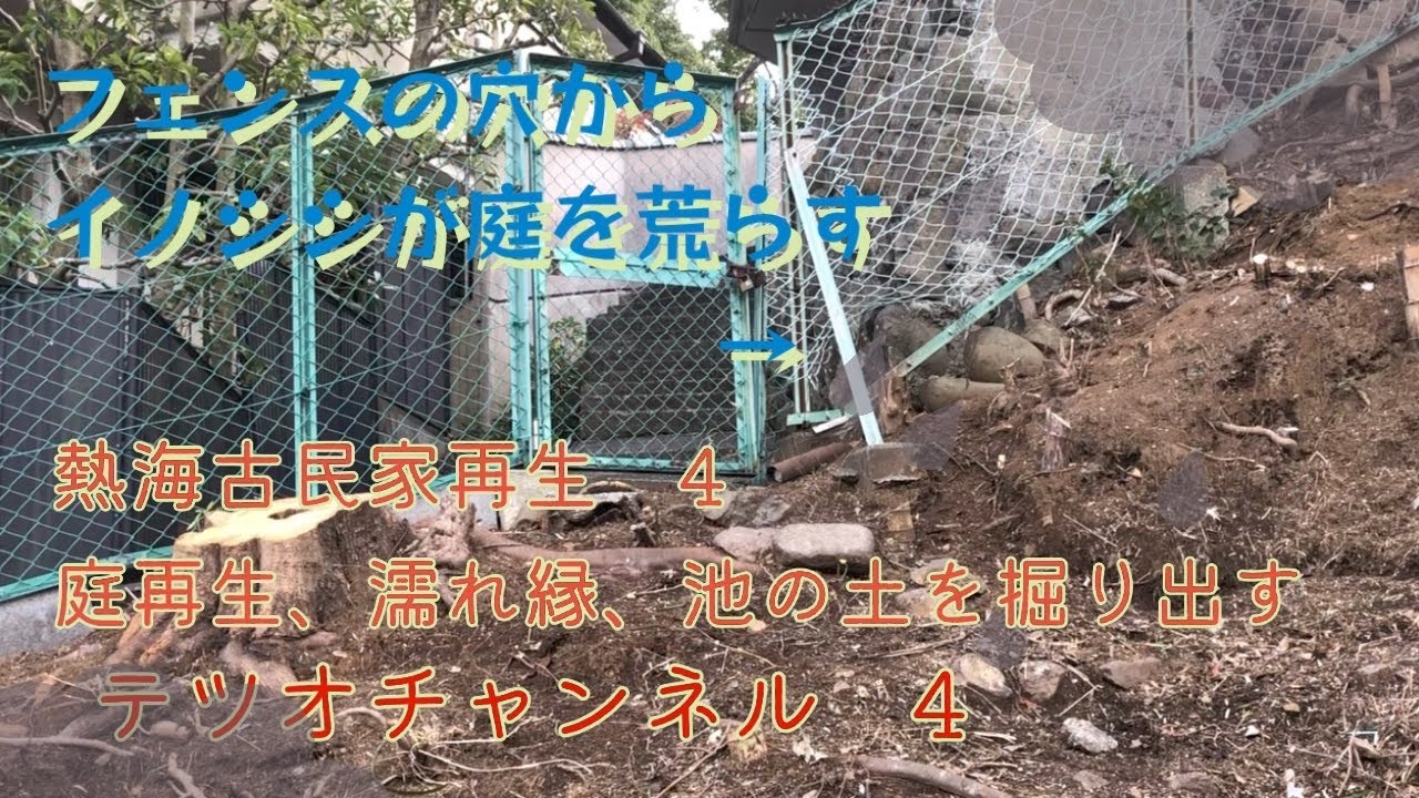 熱海古民家再生　4 フェンスの穴からイノシシが庭を荒らす。濡れ縁を再生する。