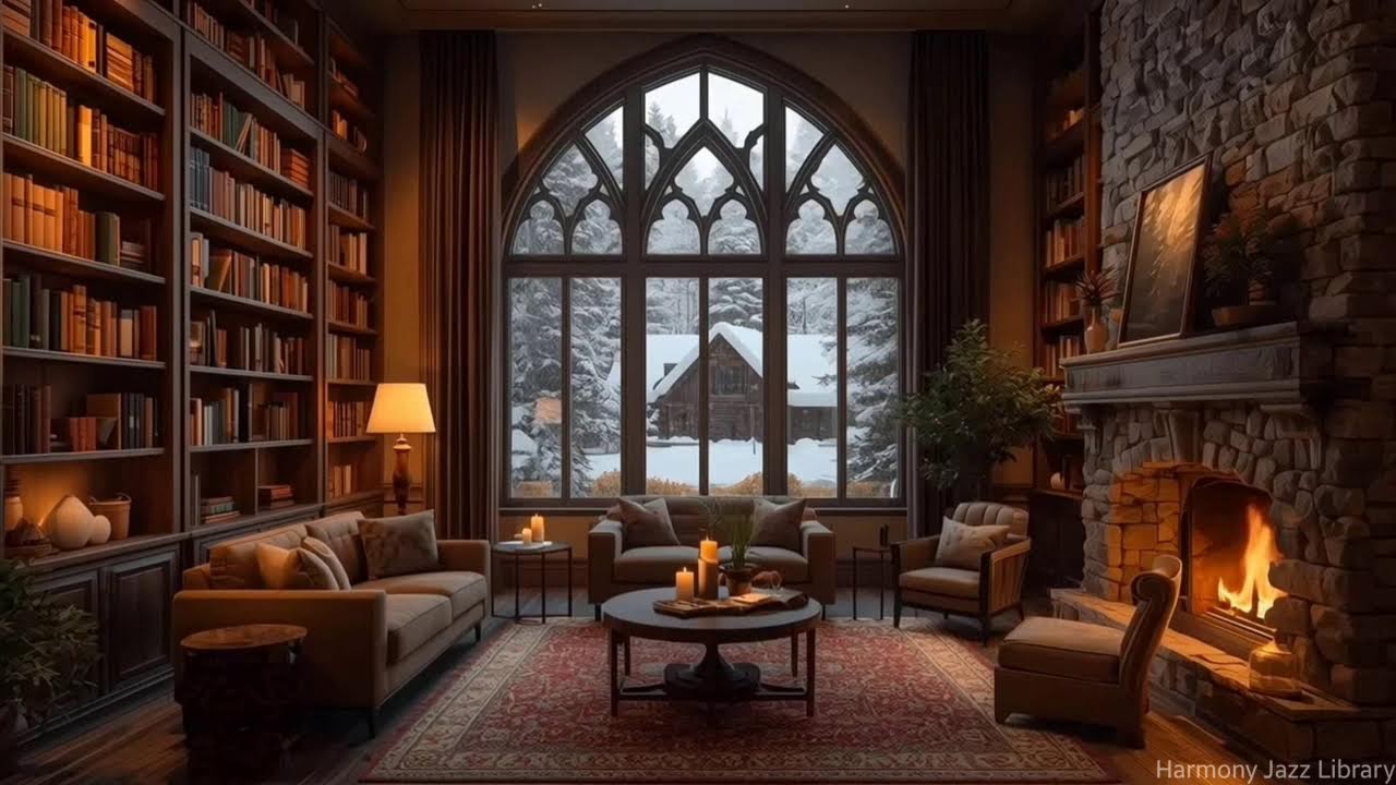 Calming Winter Jazz Snowy Cabin Library Retreat for Reading Comfort, Warm Lights & Quiet Focus