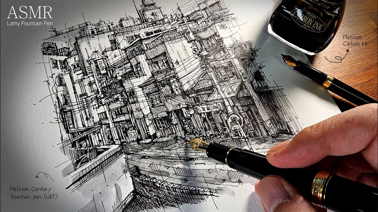 【ASMR】 만년필로 그림 그리는 소리 SOUND and DRAWING by a Lamy fountain pen ✒ Side Street  No Talking