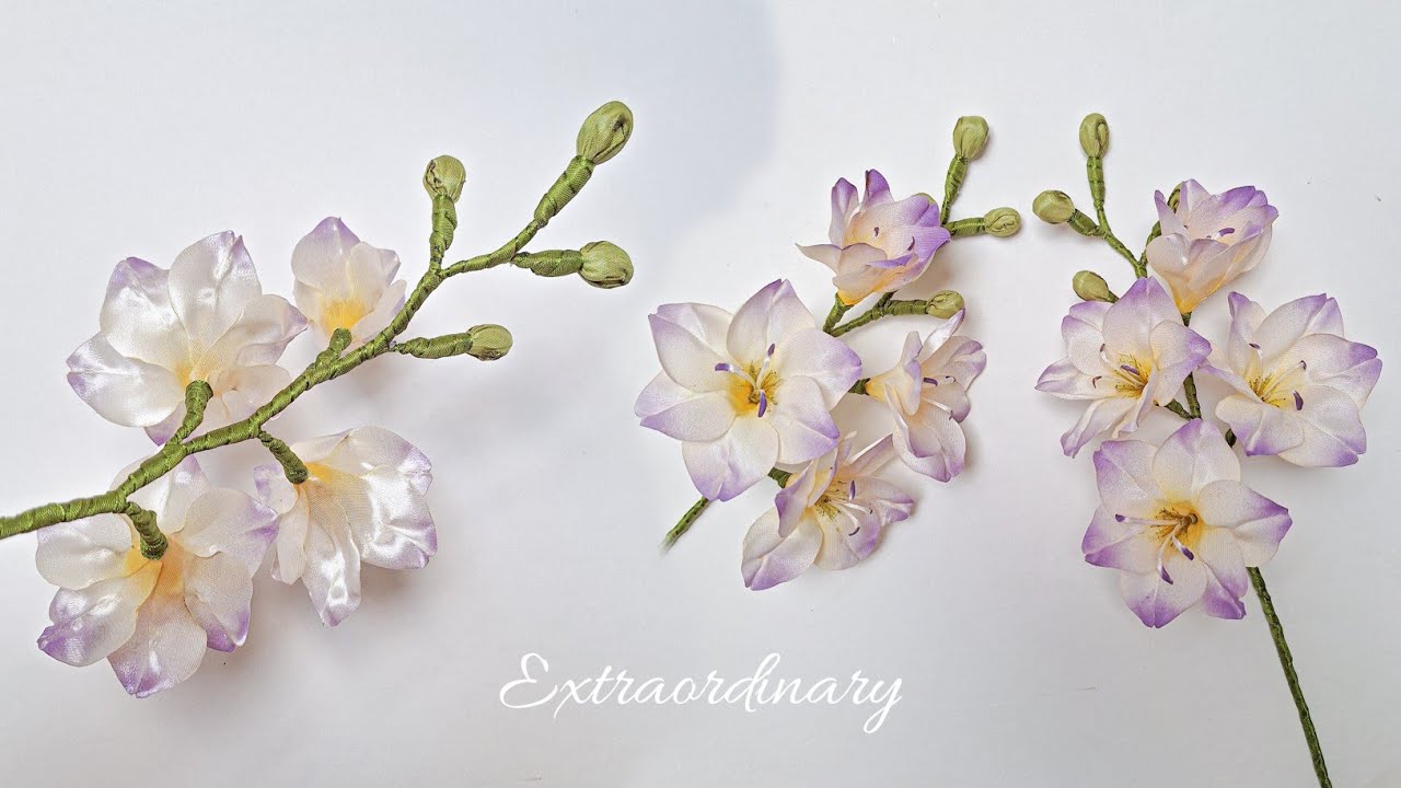 DIY, Lighty Purple Freesia Fower from Satin Ribbon | Amazing Satin Craft | 4K | CyzecoSRF#46