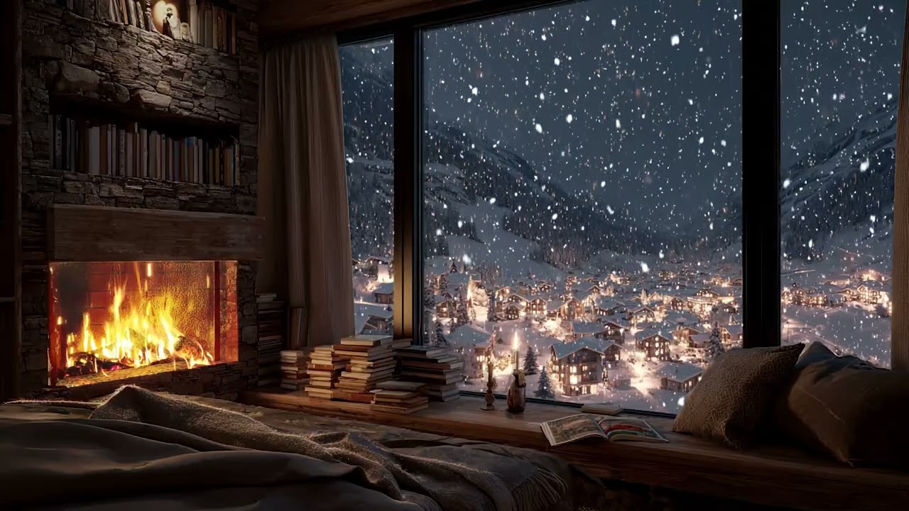 Cozy Firelight Night – Snowfall & White Noise for Full Relaxation