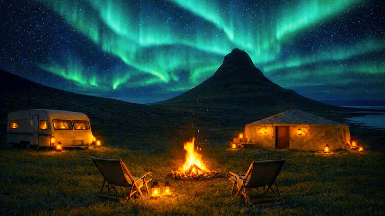 🔥NORTHERN LIGHTS CAMPFIRE LIVE | Aurora Borealis Over Mountain Camping & Crackling Fireplace Sounds