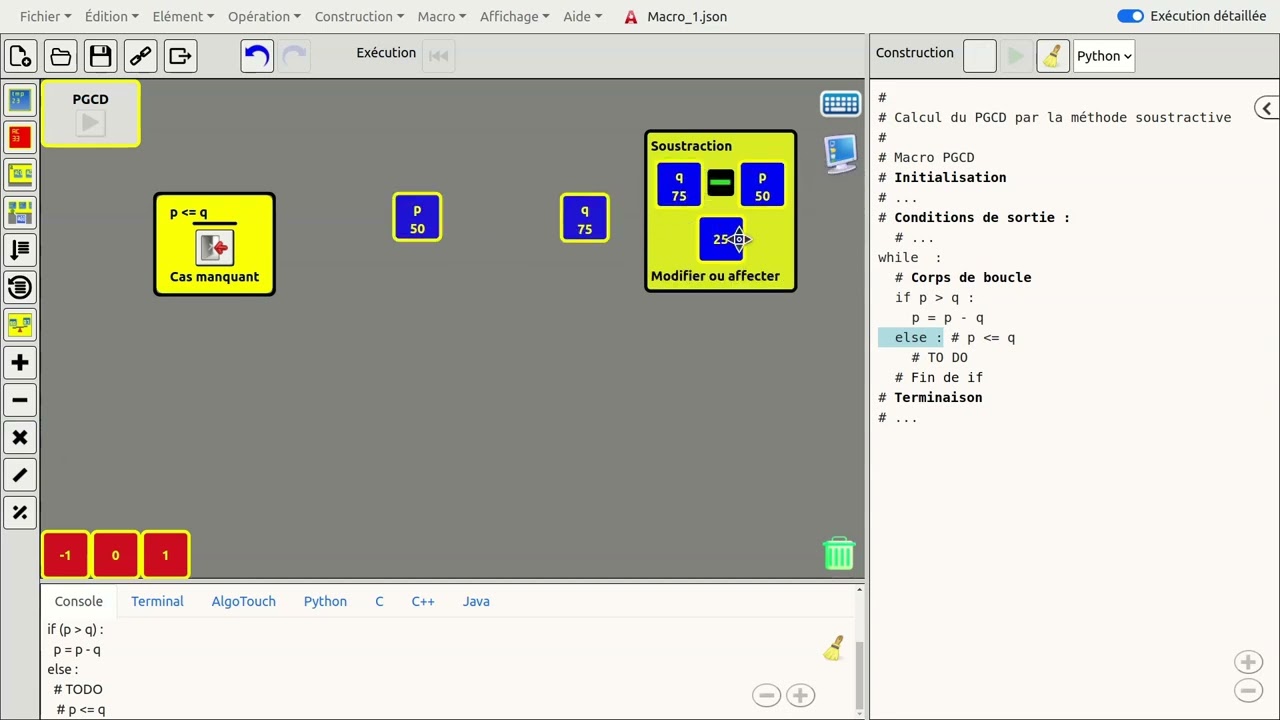 Programme Python de calcul du PGCD avec AlgoTouch