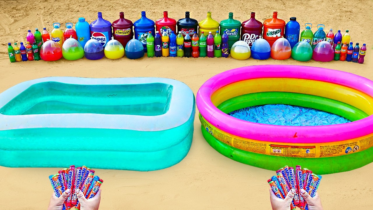 Giant Toothpaste Eruption from Big Swimming Pools with Waterslide, Coca Cola, Fanta vs Mentos