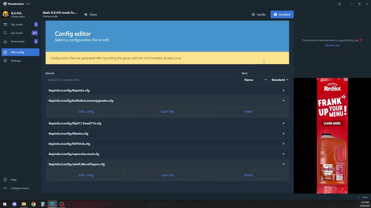 Editing Mod settings(Config files) within Thunderstore Mod manager