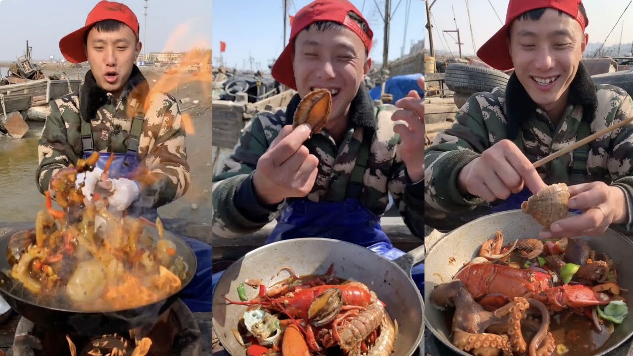 Fisherman Dagang eat conch, octopus, mantis shrimp, squid, snail, crab, abalone and lobster#yummy