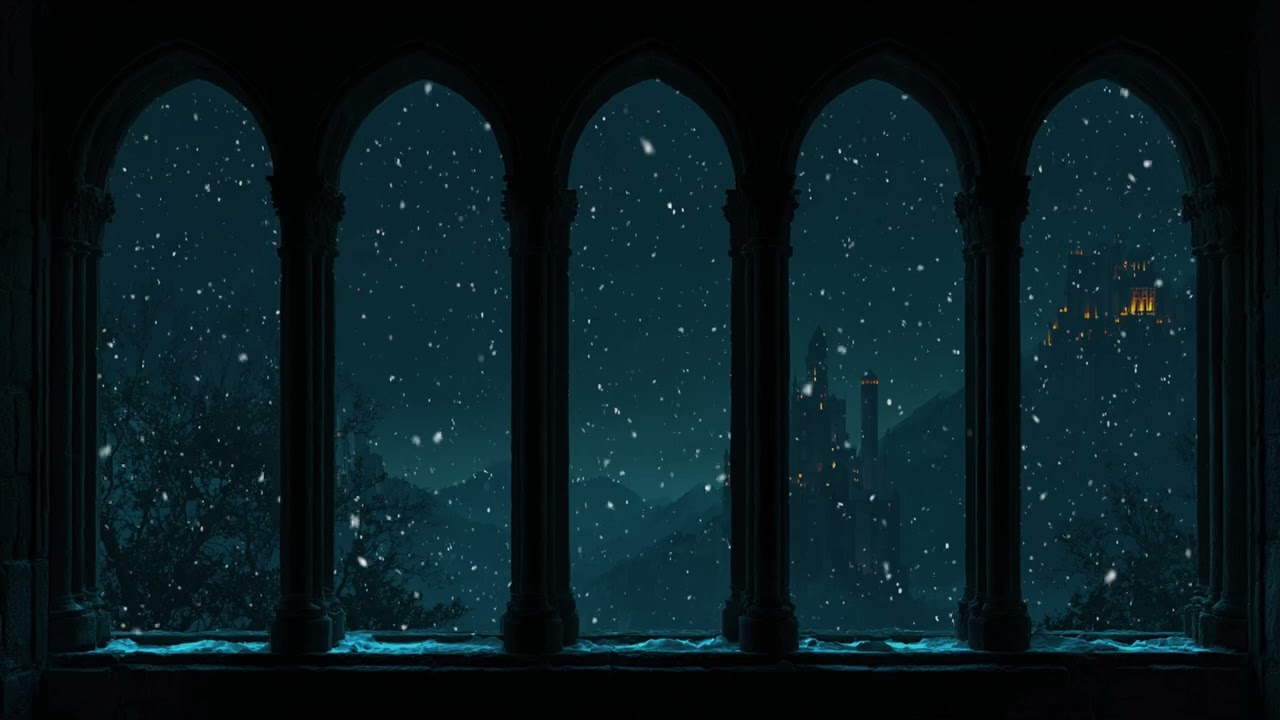 Magical Hogwarts Winter Window View | Calm Snow Ambience & Soft Wind Sounds for Relaxation and Focus