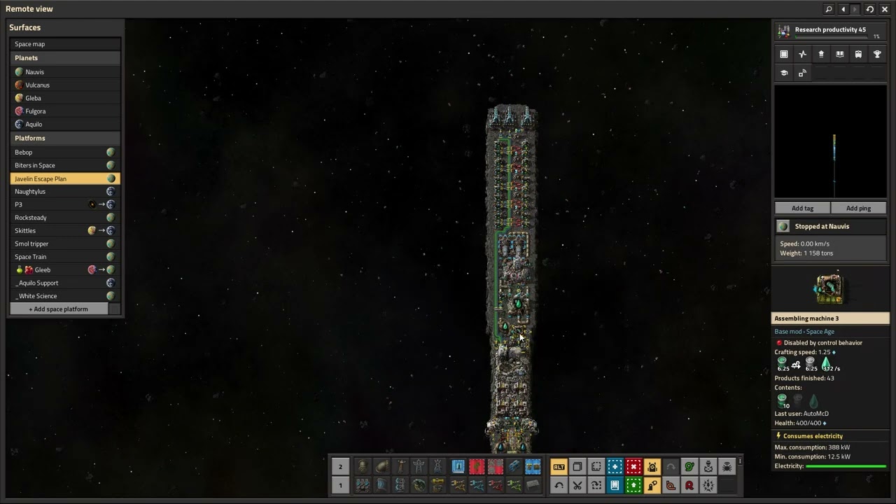 Factorio Space Platform going 2,000 km/s, Nauvis to Aquilo in under 30s