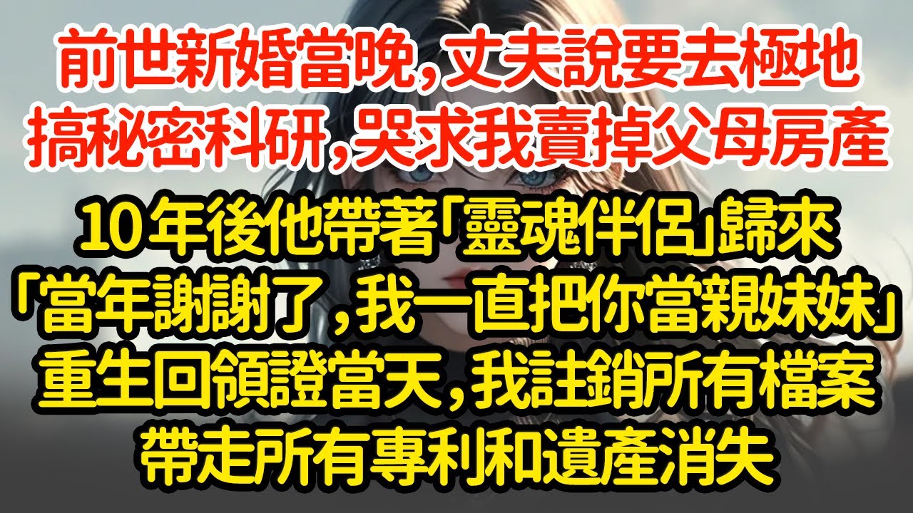 前世新婚當晚，丈夫说要去極地搞秘密科研，哭求我賣掉父母房產10 年後他帶著「靈魂伴侶」歸來「當年謝謝了，我一直把你當親妹妹」重生回領證當天，我註銷所有檔案帶走所有專利和遺產消失