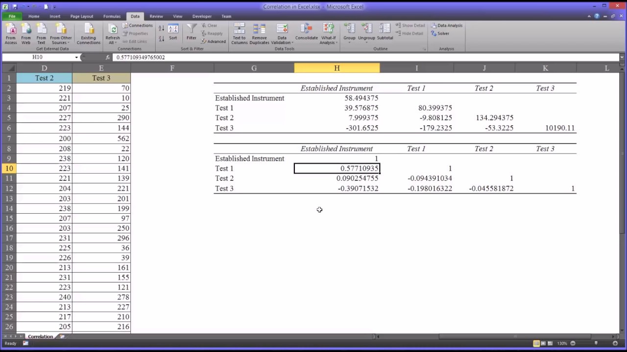 Calculating a Correlation Coefficient Using Excel