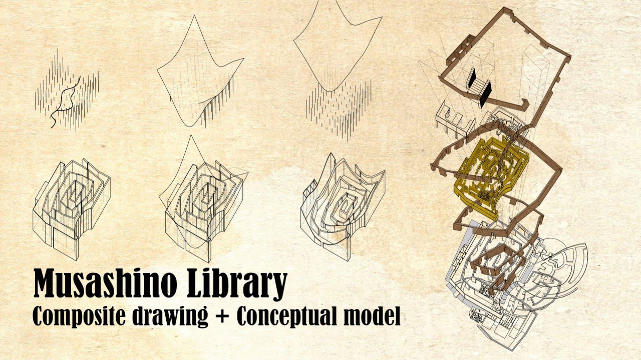 Musashino library (Sou Fujimoto) composite drawing + conceptual model