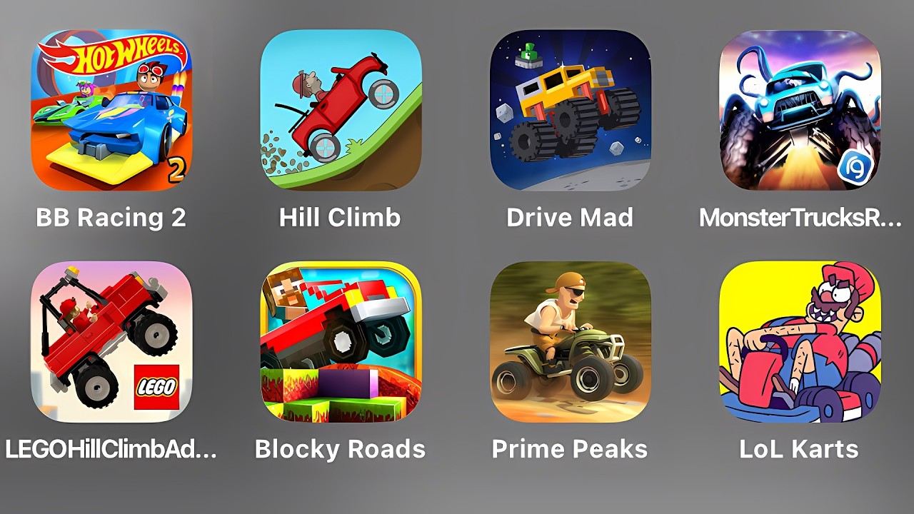 BB Racing 2, Hill Climb, Drive Mad, Monster Trucks Racing, LEGO Hill Climb, Blocky Roads, Prime Peak